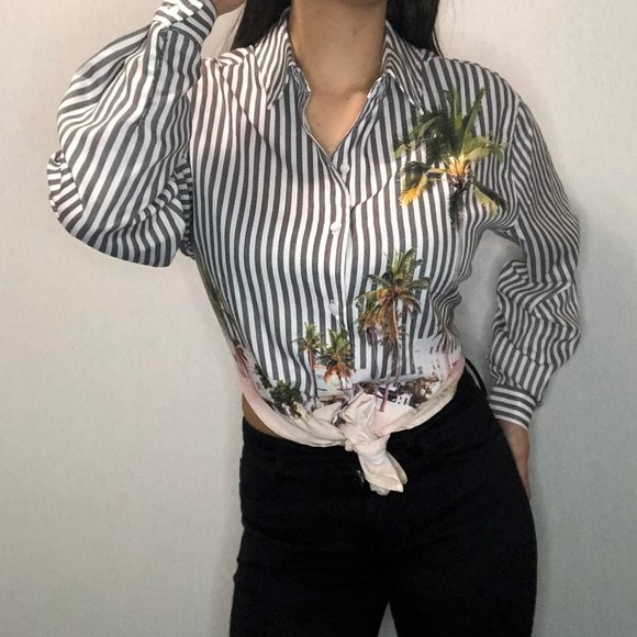 GUESS Striped Dress Shirt with Floral Design - Picture 1 of 6